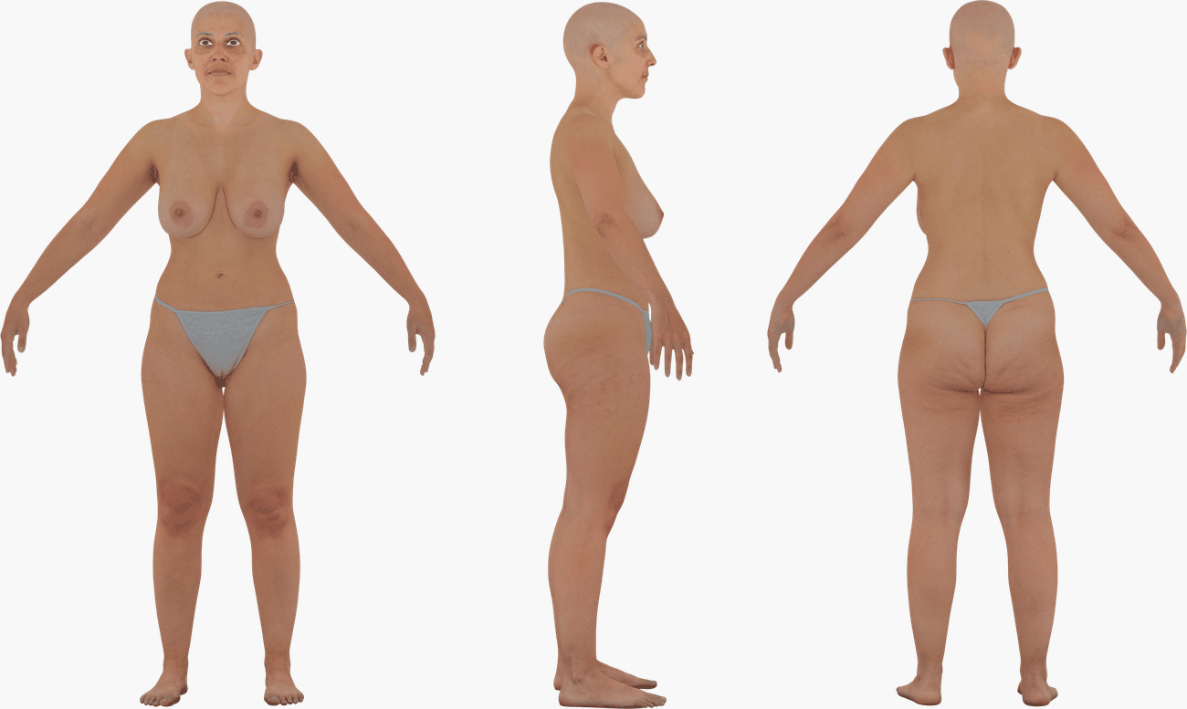 PBR texture map set for a fuller-figured female 3D scan including Albedo, Normals, Specular, Metalness and Diffuse at 16K
